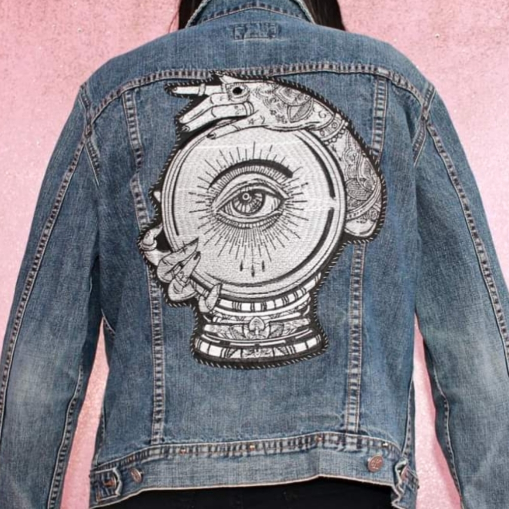 SOLD!!Chilling Adventures of a Hell Witch Calvin Klein y2k patch jean jacket - Picture 6 of 16